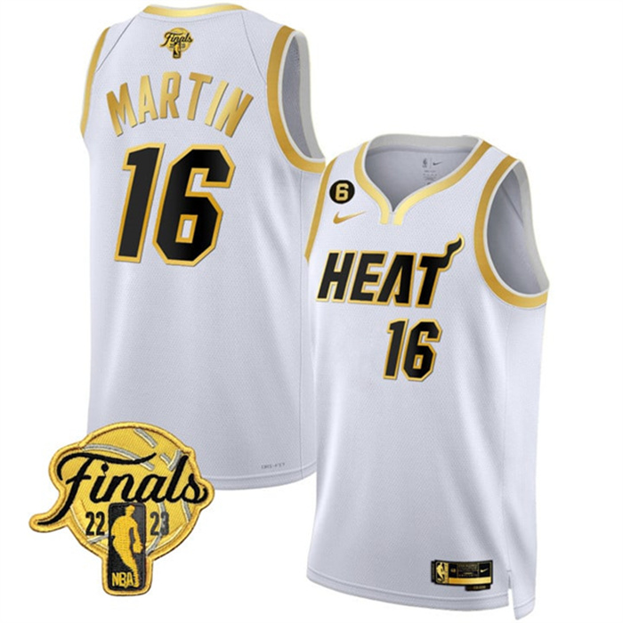 Personalized Men’s Miami Heat #16 Caleb Martin White Gold Edition 2023 Finals Collection With NO.6 Patch Stitched Basketball Jersey