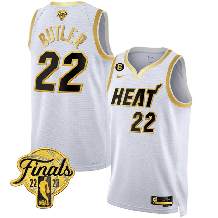 Personalized Men’s Miami Heat #22 Jimmy Butler White Gold Edition 2023 Finals Collection With NO.6 Patch Stitched Basketball Jersey
