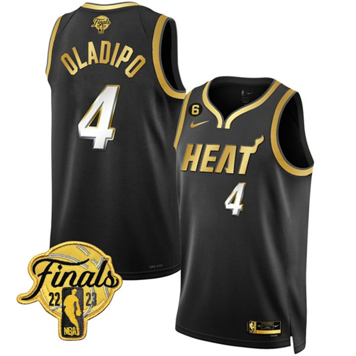 Personalized Men’s Miami Heat #4 Victor Oladipo Black Gold Edition 2023 Finals Collection With NO.6 Patch Stitched Basketball Jersey