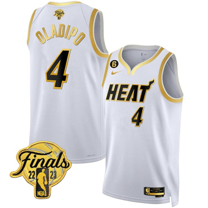 Personalized Men’s Miami Heat #4 Victor Oladipo White Gold Edition 2023 Finals Collection With NO.6 Patch Stitched Basketball Jersey