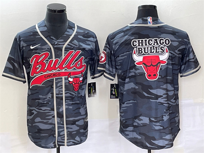 Personalized Men’s Chicago Bulls Gray Camo Team Big Logo Cool Base Stitched Baseball Jersey