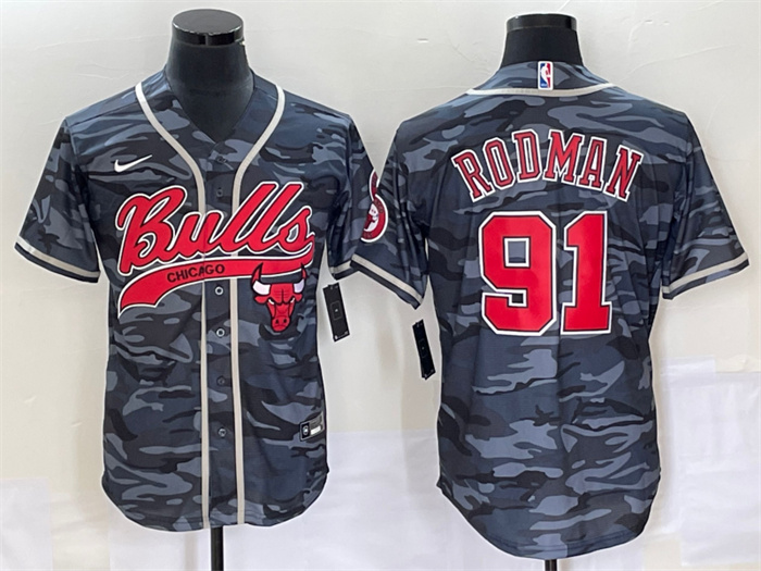 Personalized Men’s Chicago Bulls #91 Dennis Rodman Gray Camo Cool Base Stitched Baseball Jersey