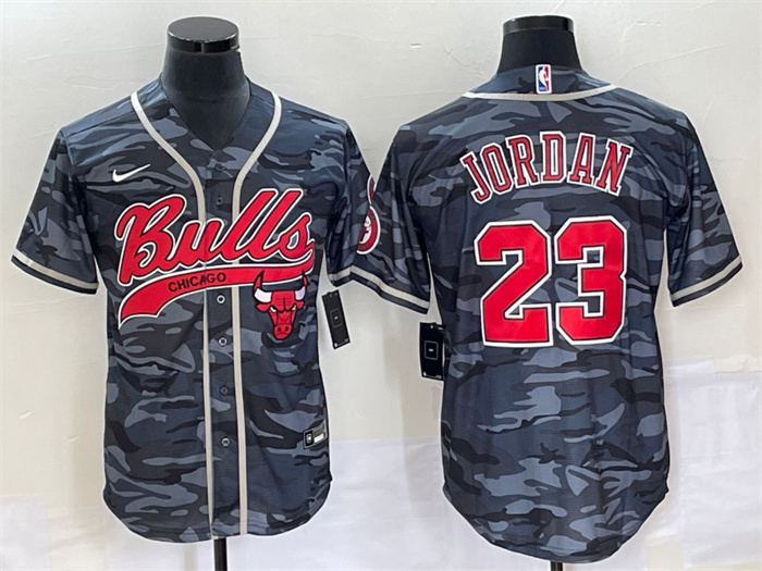 Personalized Men’s Chicago Bulls #23 Michael Jordan Gray Camo Cool Base Stitched Baseball Jersey