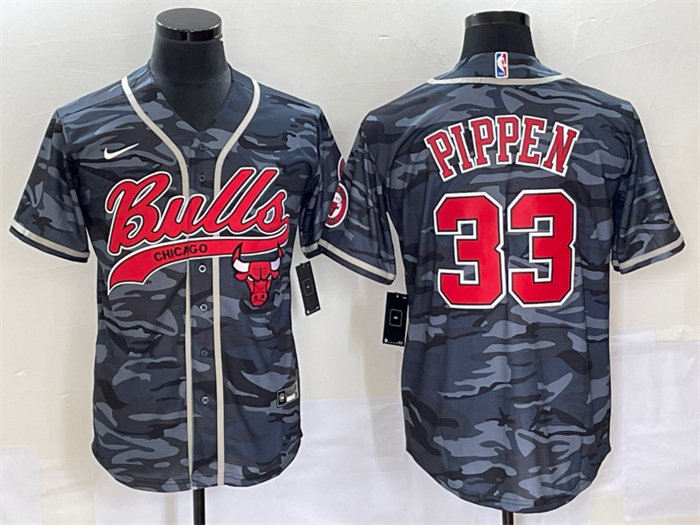 Personalized Men’s Chicago Bulls #33 Scottie Pippen Gray Camo Cool Base Stitched Baseball Jersey