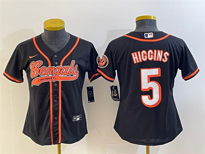 Personalized Women’s Cincinnati Bengals #5 Tee Higgins Black With Patch Cool Base Stitched Baseball