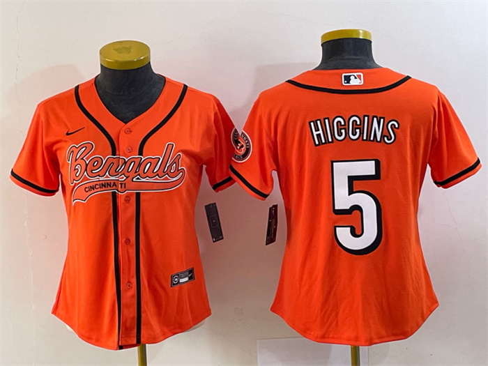 Personalized Women’s Cincinnati Bengals #5 Tee Higgins Orange With Patch Cool Base Stitched Baseball