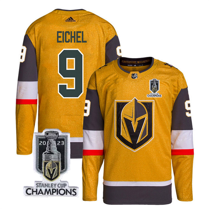 Personalized Men’s Vegas Golden Knights #9 Jack Eichel Gold 2023 Stanley Cup Champions Stitched Jersey