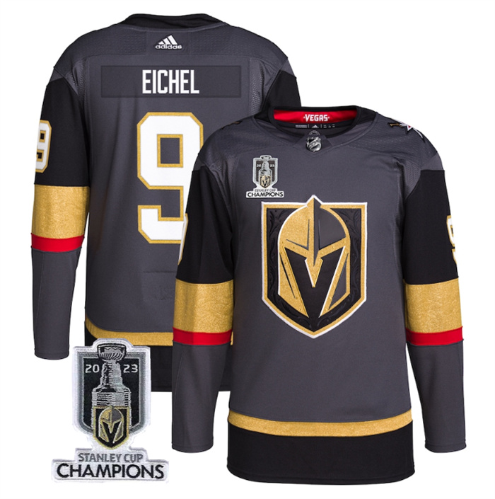 Personalized Men’s Vegas Golden Knights #9 Jack Eichel Gray 2023 Stanley Cup Champions Stitched Jersey