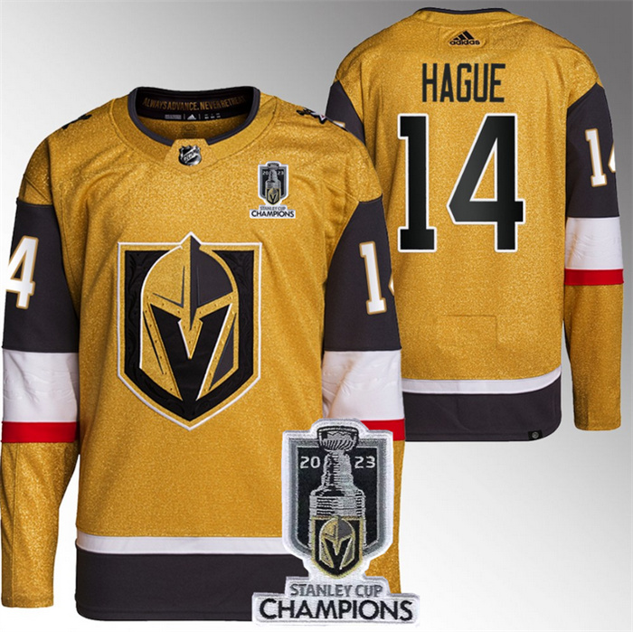 Personalized Men’s Vegas Golden Knights #14 Nicolas Hague Gold 2023 Stanley Cup Champions Stitched Jersey