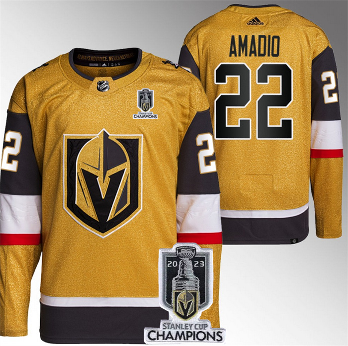 Personalized Men’s Vegas Golden Knights #22 Michael Amadio Gold 2023 Stanley Cup Champions Stitched Jersey
