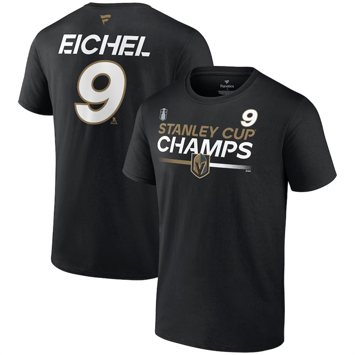 Personalized Men’s Vegas Golden Knights #9 Jack Eichel Black 2023 Stanley Cup Champions Pro Name & Number T-Shirt