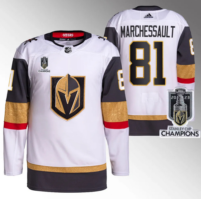 Personalized Men’s Vegas Golden Knights #81 Jonathan Marchessault White 2023 Stanley Cup Champions Stitched Jersey