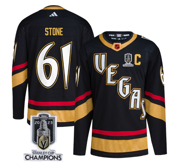 Personalized Men’s Vegas Golden Knights #61 Mark Stone Black 2023 Stanley Cup Champions Reverse Retro Stitched Jersey