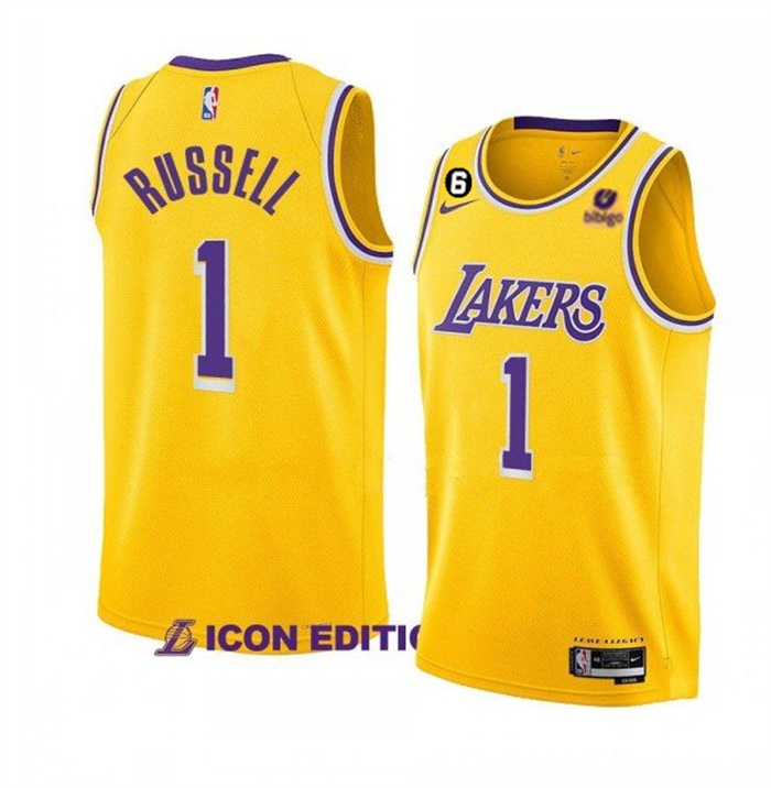 Personalized Men’s Los Angeles Lakers #1 D’Angelo Russell Yellow Icon Edition With NO.6 Patch Stitched Basketball Jersey