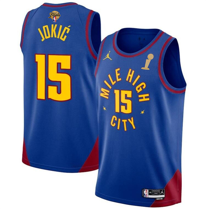 Personalized Men’s Denver Nuggets #15 Nikola Jokic Blue 2023 Finals Champions Statement Edition Stitched Basketball Jersey