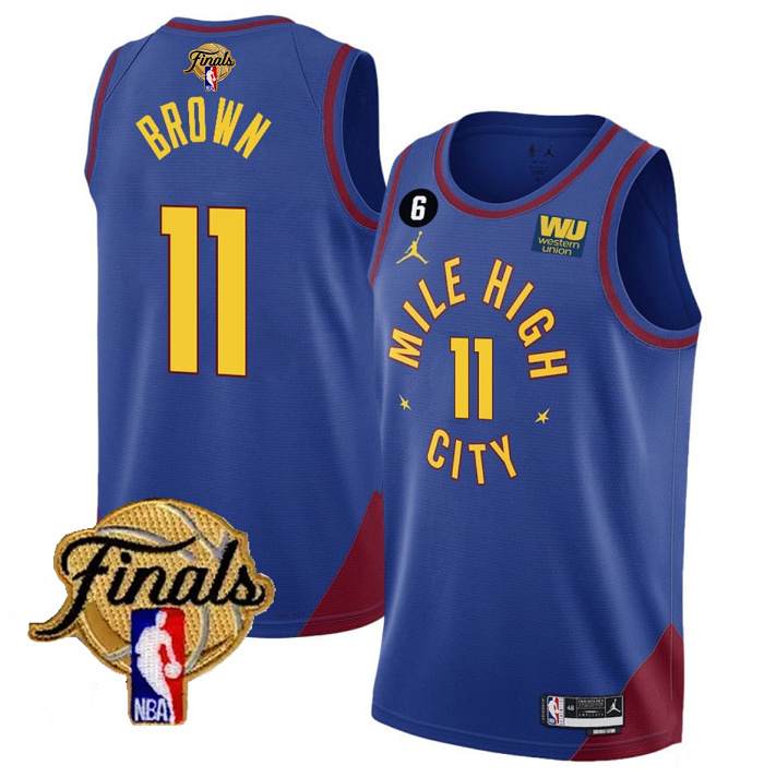 Personalized Men’s Denver Nuggets #11 Bruce Brown Blue 2023 Finals Statement Edition With NO.6 Patch Stitched Basketball Jersey