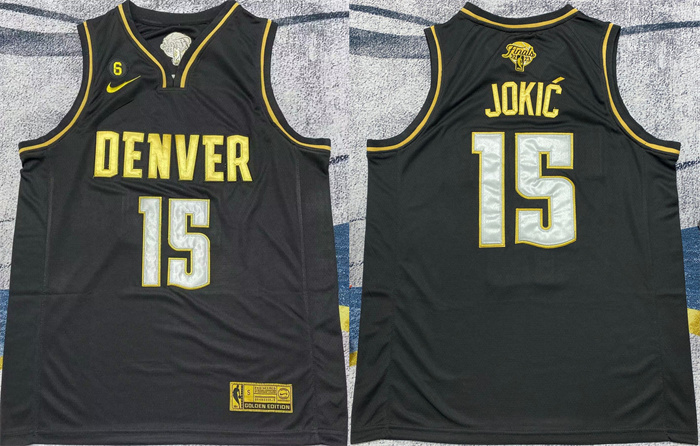 Personalized Men’s Denver Nuggets #15 Nikola Jokic Black Gold 2023 Finals With NO.6 Patch Stitched Basketball Jersey