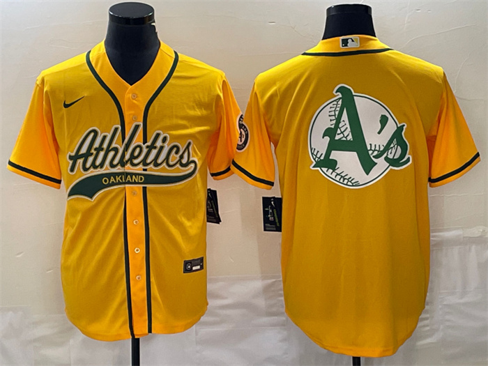 Personalized Men’s Oakland Athletics Yellow Team Big Logo Cool Base Stitched Baseball Jersey 001