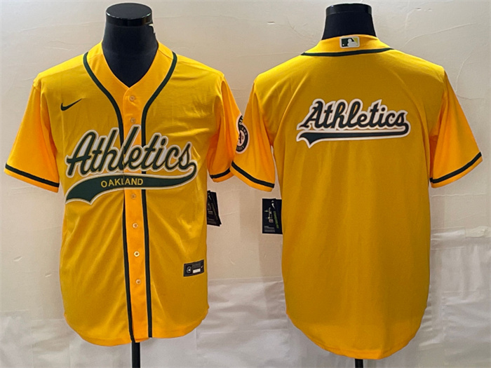Personalized Men’s Oakland Athletics Yellow Team Big Logo Cool Base Stitched Baseball Jersey 002