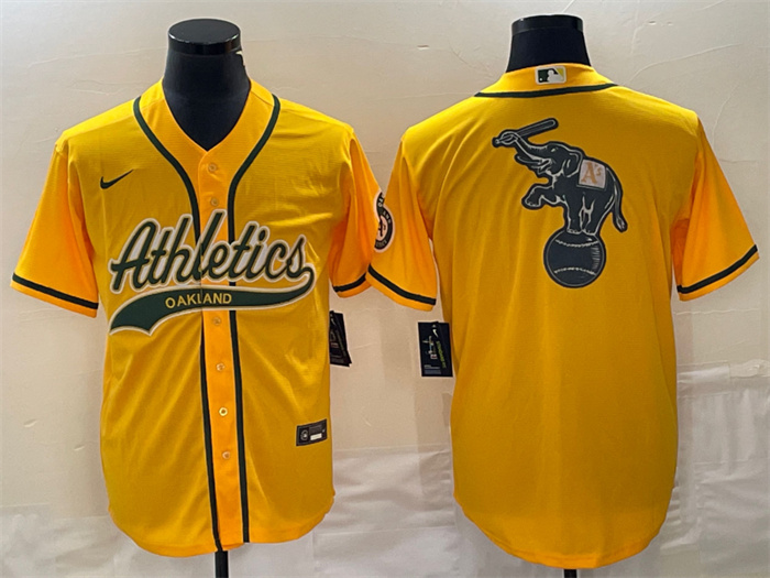 Personalized Men’s Oakland Athletics Yellow Team Big Logo Cool Base Stitched Baseball Jersey 003