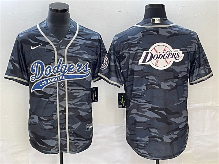 Personalized Men’s Los Angeles Dodgers Gray Camo Team Big Logo Cool Base With Patch Stitched Baseball Jersey