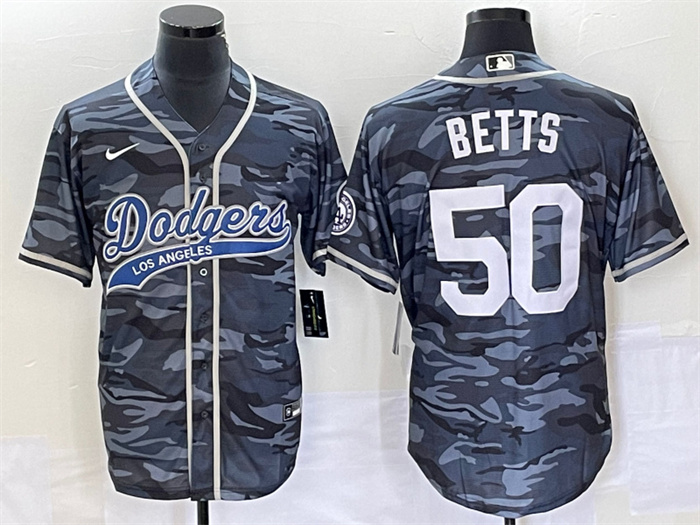 Personalized Men’s Los Angeles Dodgers #50 Mookie Betts Gray Camo Cool Base With Patch Stitched Baseball Jersey