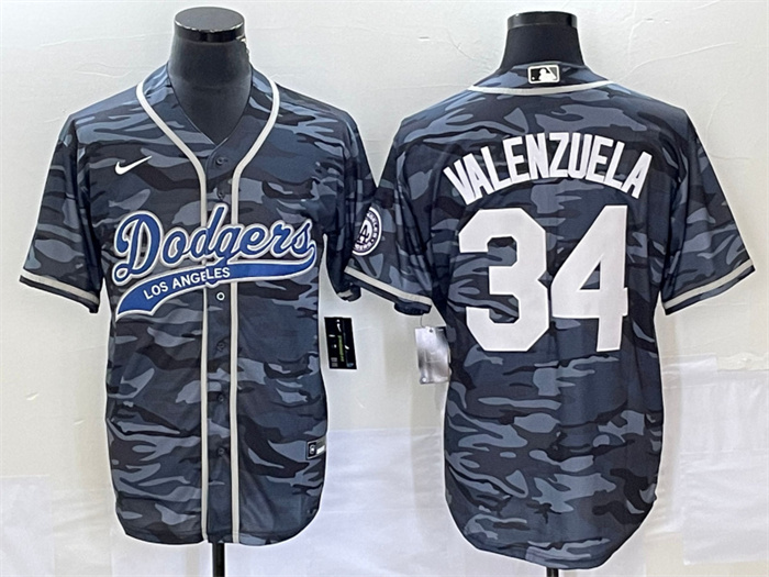 Personalized Men’s Los Angeles Dodgers #34 Toro Valenzuela Gray Camo Cool Base With Patch Stitched Baseball Jersey