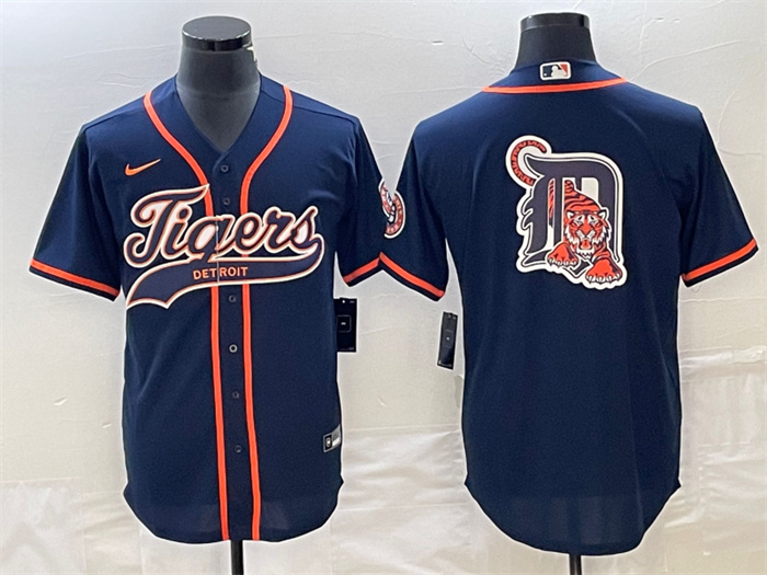 Personalized Men’s Detroit Tigers Navy Team Big Logo Cool Base Stitched Baseball Jersey