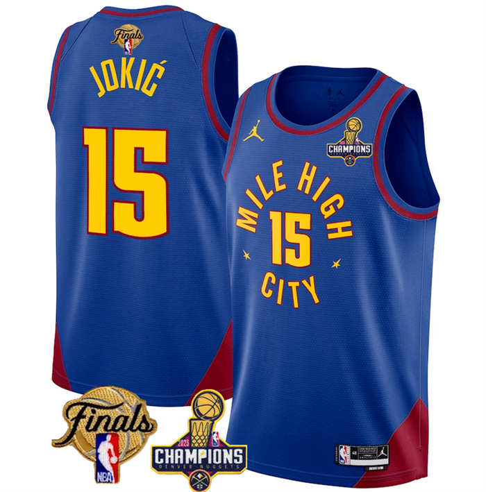 Personalized Men’s Denver Nuggets #15 Nikola Jokic Blue 2023 Nuggets Champions Patch And Finals Patch Statemenr Edition Stitched Basketball Jersey