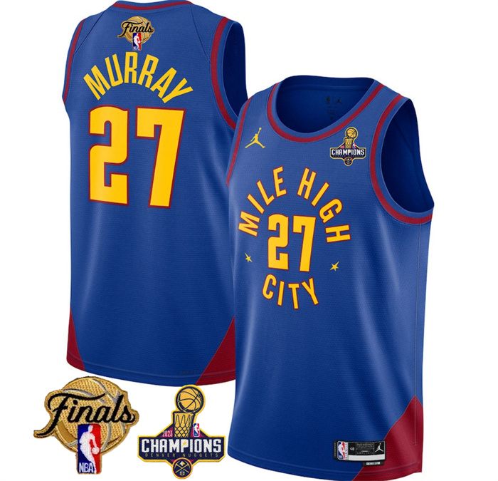 Personalized Men’s Denver Nuggets #27 Jamal Murray Blue 2023 Nuggets Champions Patch And Finals Patch Statemenr Edition Stitched Basketball Jersey