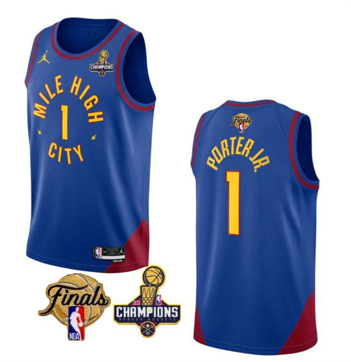 Personalized Men’s Denver Nuggets #1 Michael Porter Jr. Blue 2023 Nuggets Champions Patch And Finals Patch Statemenr Edition Stitched Basketball Jersey