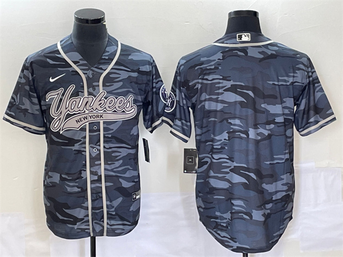 Personalized Men’s New York Yankees Blank Gray Camo With Patch Cool Base Stitched Baseball Jersey