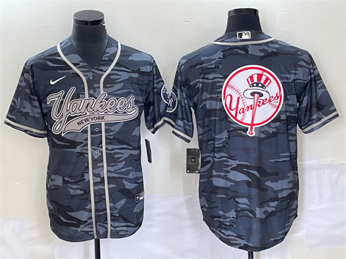Personalized Men’s New York Yankees Gray Camo Team Big Logo With Patch Cool Base Stitched Baseball Jersey