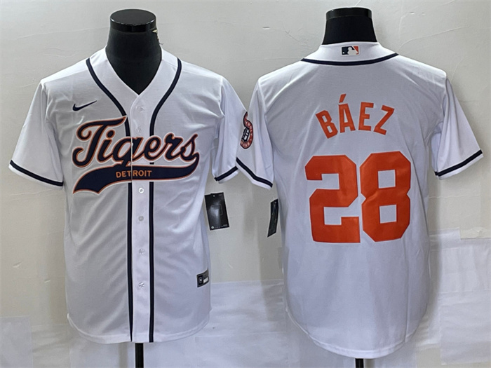 Personalized Men’s Detroit Tigers #28 Javier Báez White Cool Base Stitched Baseball Jersey
