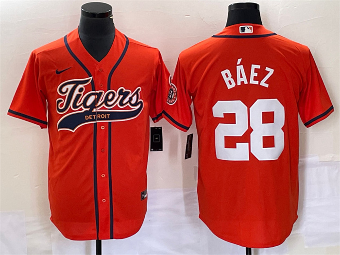 Personalized Men’s Detroit Tigers #28 Javier Báez Orange Cool Base Stitched Baseball Jersey