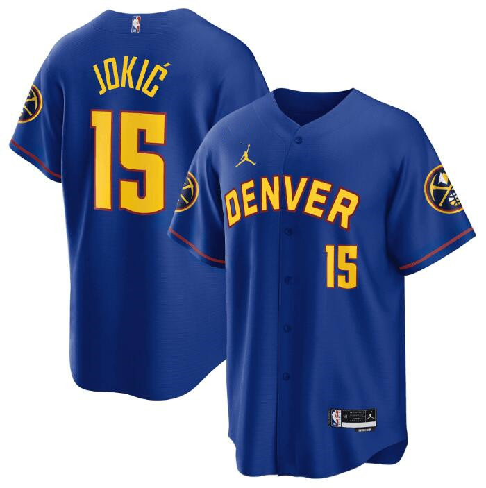 Personalized Men’s Denver Nuggets #15 Nikola Jokic Blue Stitched Baseball Jersey