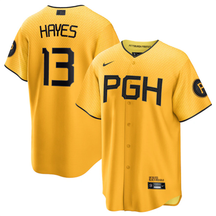 Personalized Men’s Pittsburgh Pirates #13 Ke’Bryan Hayes Gold 2023 City Connect Stitched Jersey