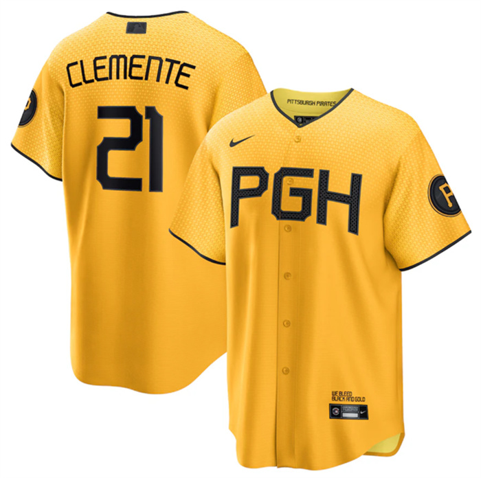 Personalized Men’s Pittsburgh Pirates #21 Roberto Clemente Gold 2023 City Connect Stitched Jersey