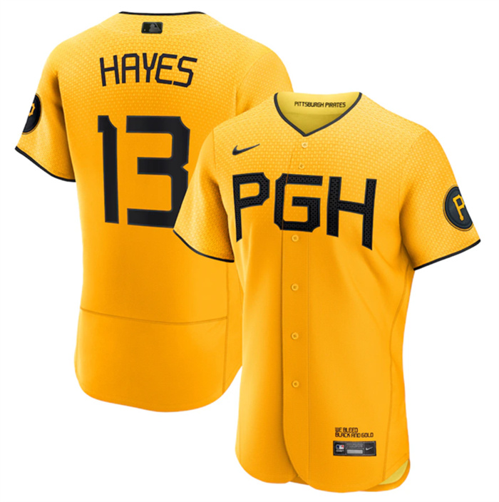 Personalized Men’s Pittsburgh Pirates #13 Ke’Bryan Hayes Gold 2023 City Connect Flex Base Stitched Jersey