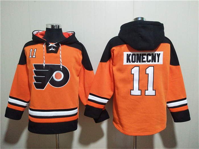 Personalized Men’s Philadelphia Flyers #11 Travis Konecny Orange Ageless Must-Have Lace-Up Pullover Hoodie