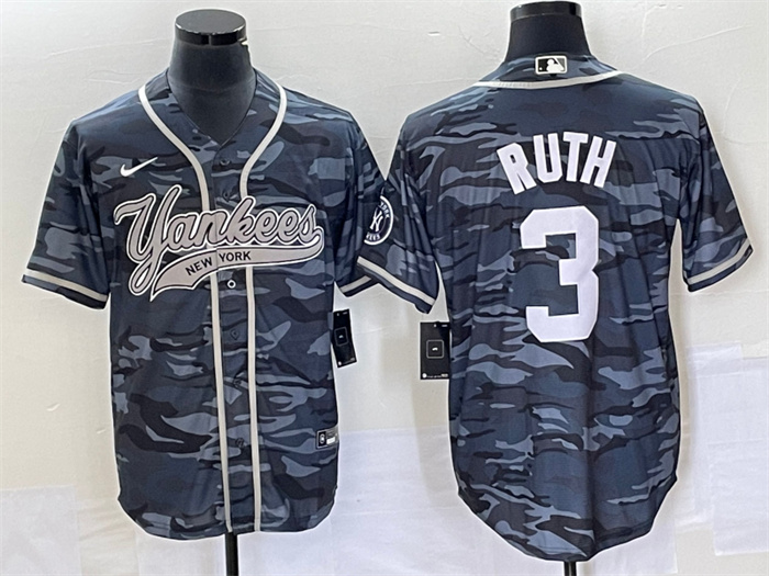 Personalized Men’s New York Yankees #3 Babe Ruth Gray Camo With Patch Cool Base Stitched Baseball Jersey