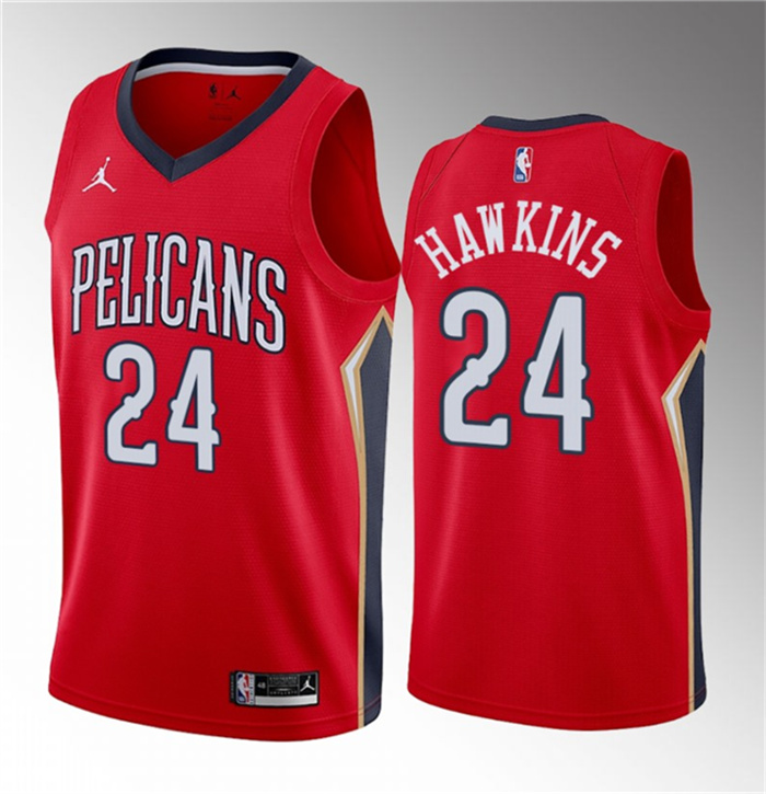 Personalized Men’s New Orleans Pelicans #24 Jordan Hawkins Red 2023 Draft Statement Edition Stitched Basketball Jersey