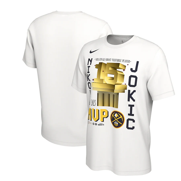 Personalized Men’s Denver Nuggets #15 Nikola Jokic White MVP Name & Number T-Shirt