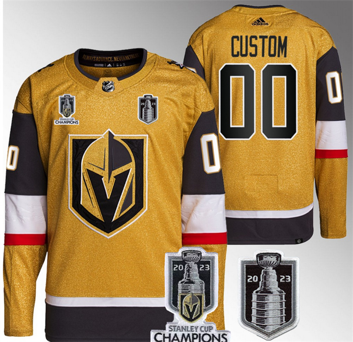 Personalized Men’s Vegas Golden Knights Active Player Gold 2023 Stanley Cup Final And Champions Patch Stitched Jersey