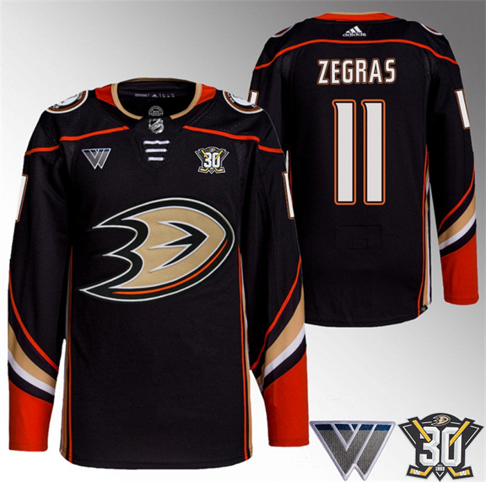 Personalized Men’s Anaheim Ducks #11 Trevor Zegras Black 30th Anniversary Stitched Jersey