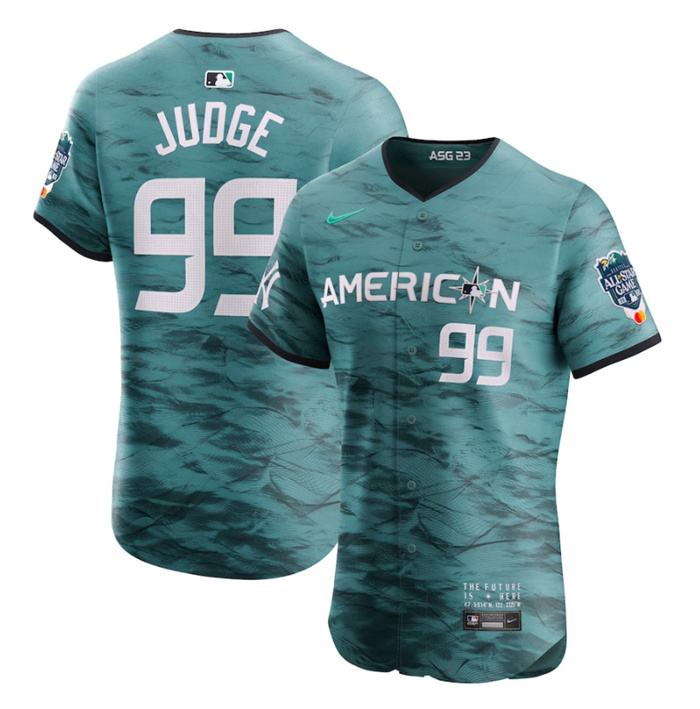 Personalized Men’s New York Yankees #99 Aaron Judge Teal 2023 All-Star Flex Base Stitched Baseball Jersey 1
