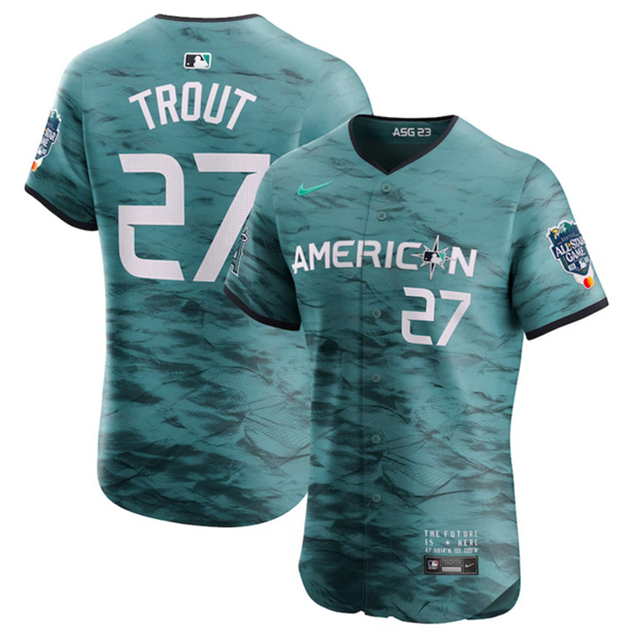 Personalized Men’s Los Angeles Angels #27 Mike Trout Teal 2023 All-Star Flex Base Stitched Jersey