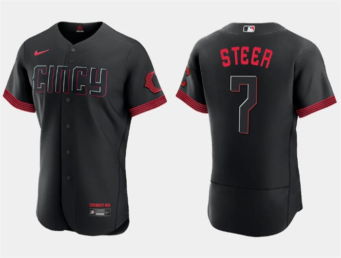 Personalized Men’s Cincinnati Reds Spencer Steer Black 2023 City Connect Flex Base Stitched Jersey
