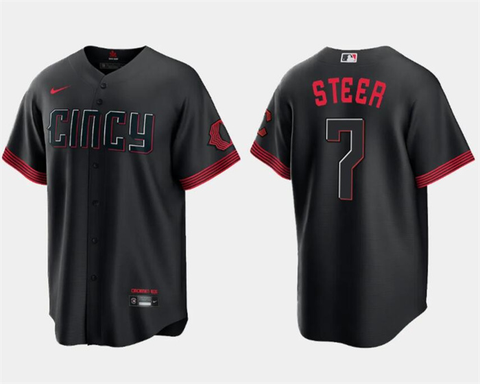 Personalized Men’s Cincinnati Reds #7 Spencer Steer Black 2023 City Connect Cool Base Stitched Baseball Jersey