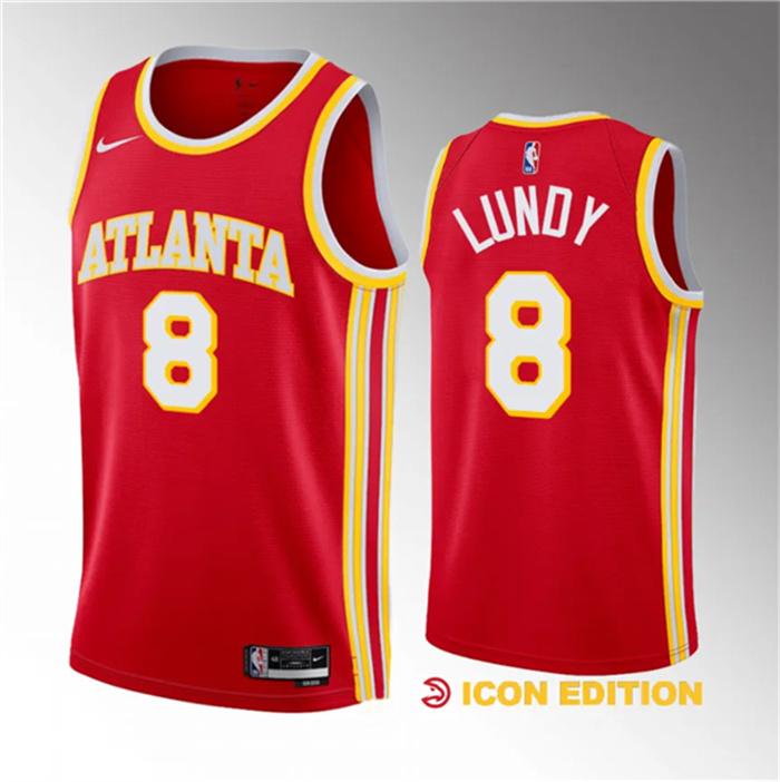 Personalized Men’s Atlanta Hawks #8 Seth Lundy Red 2023 Draft Icon Edition Stitched Jersey